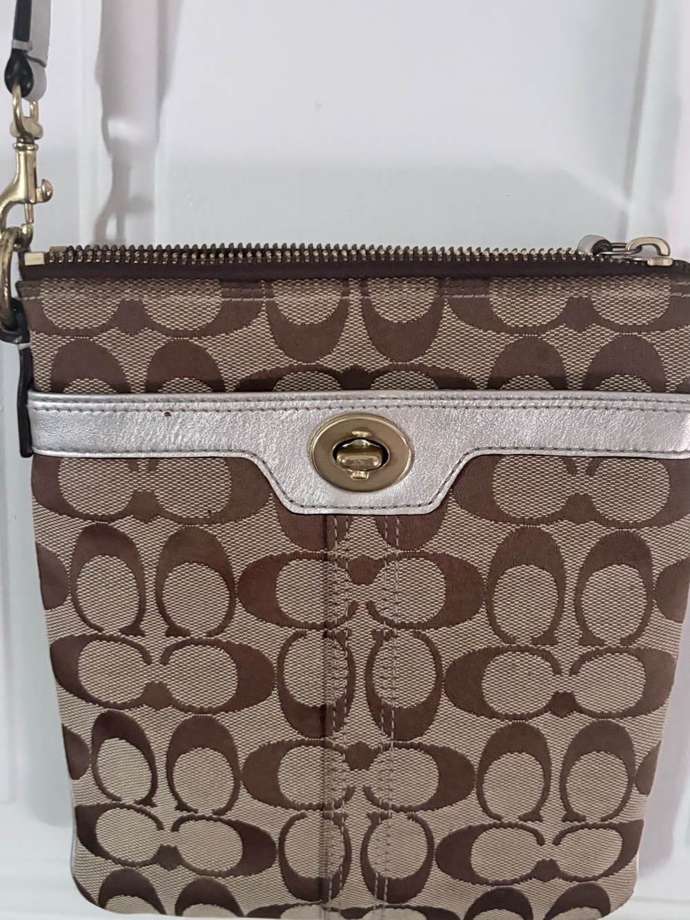 Coach Tan/Brown Signature Canvas Crossbody with Silver Accent